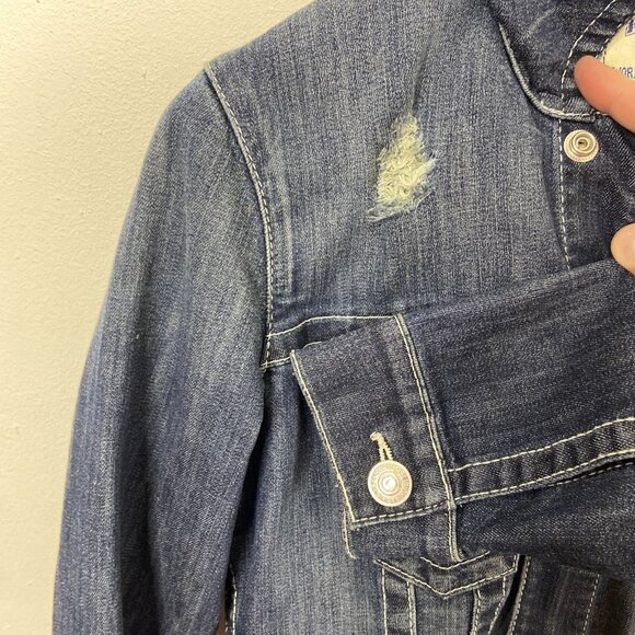 TRUE RELIGION Denim Trucker Jacket Blue Denim Jean Snap Button Small Woman Logo - Picture 4 of 8